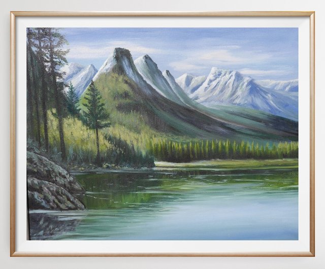 トルコ 湖と山のオリジナル油絵 16x20インチ 風景画 壁アート