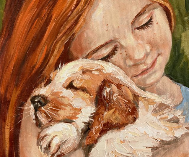 ロシア 少女と犬の絵オリジナルのキャンバスアート娘の絵ペットの絵