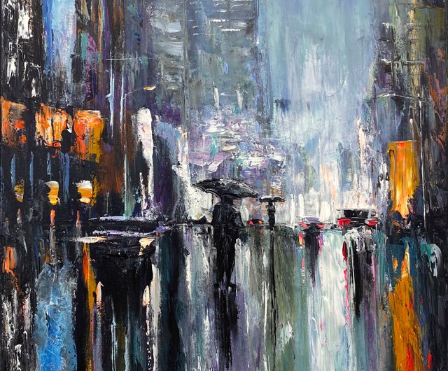 送料無料】スペイン オリジナルの抽象的な夜の街の通りのキャンバスの