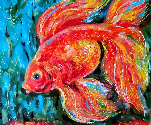 送料無料】ロシア 金魚絵画魚オリジナルアートアクリル小さなアート