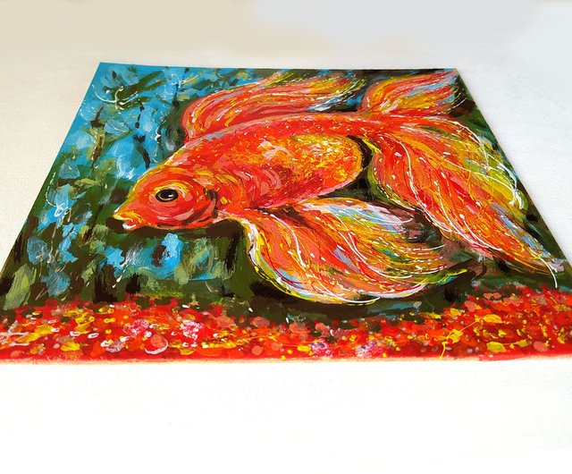 送料無料】ロシア 金魚絵画魚オリジナルアートアクリル小さなアート
