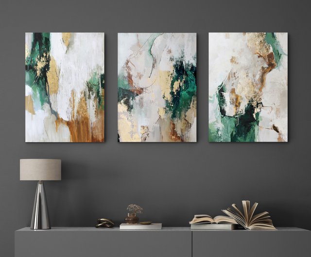 送料無料 30%OFF】ウクライナ 緑と金の絵画 | 三連画の抽象画