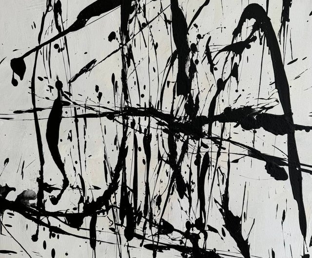 送料無料】スペイン モノクロ抽象アート 大きな白黒線画 モダンミニマ