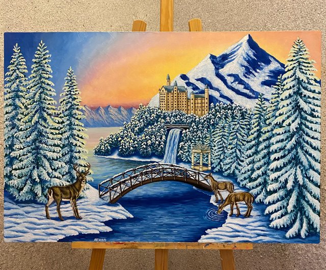ロシア 冬休み、オリジナルの油絵、キャンバスに油彩、雪の風景