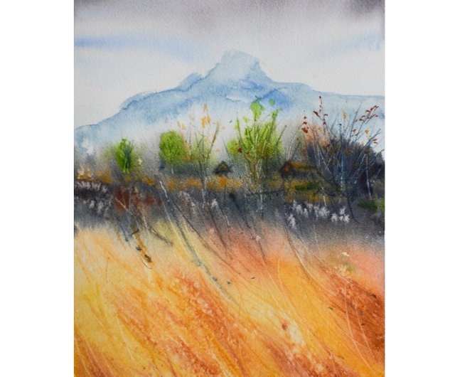 ロシア オリジナルの水彩画の山の風景画 抽象的な山の風景アート