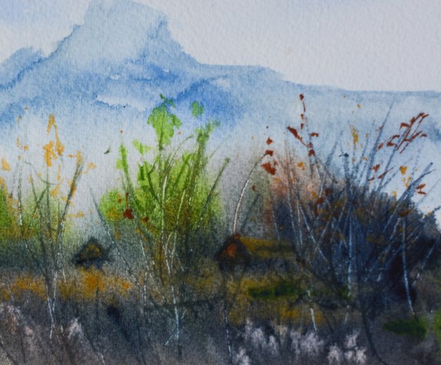 ロシア オリジナルの水彩画の山の風景画 抽象的な山の風景アート