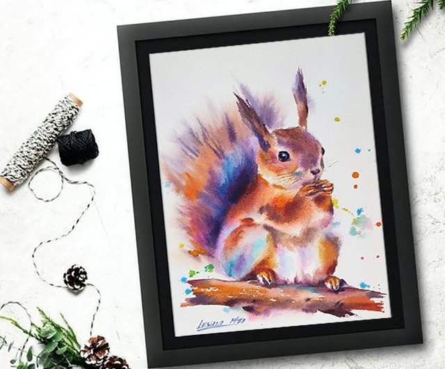 ロシア リスの水彩画 リスのイラスト カラフルな動物アート オリジナル