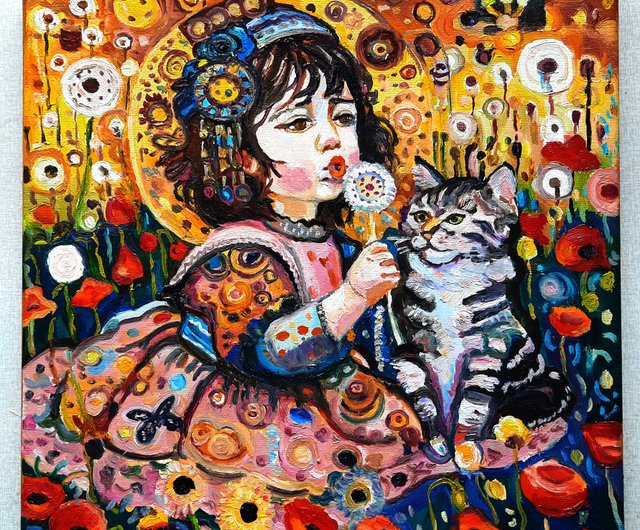 送料無料】ロシア 原創畫 猫と子供 絵画 オリジナルアート 油絵
