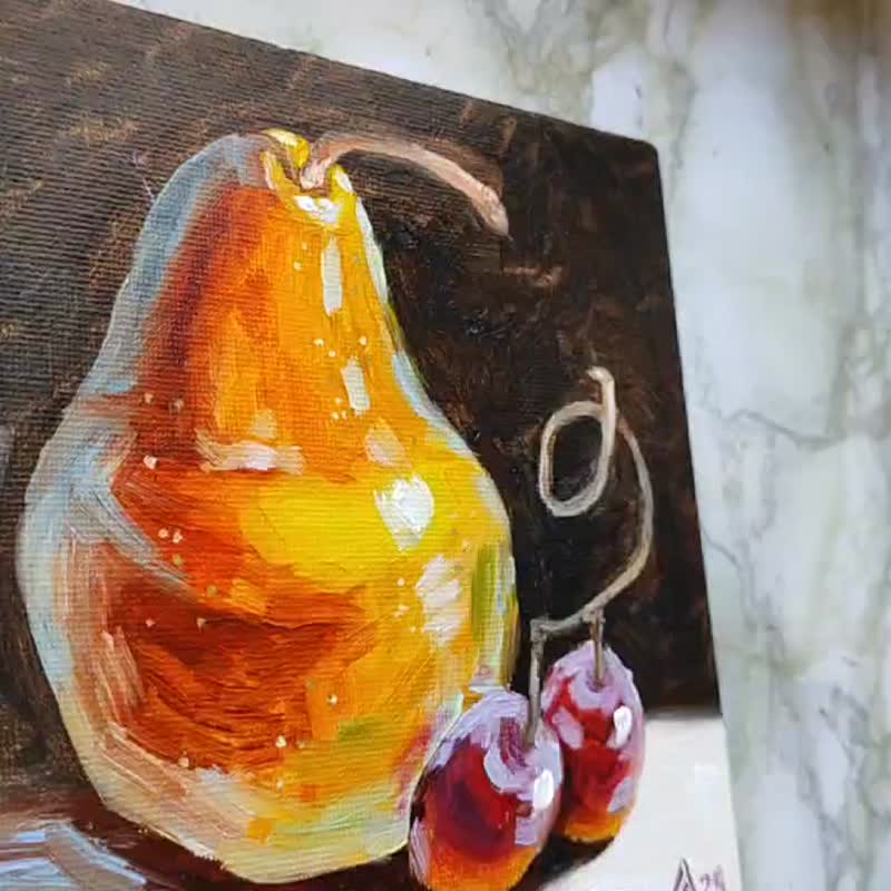 ロシア 明るい梨の絵オリジナル油絵静物画 15 × 15 cm フルーツアート