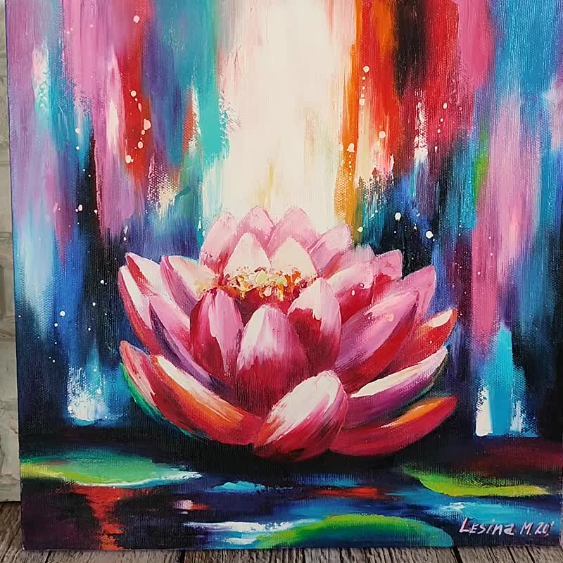 ロシア 蓮の油絵 蓮のオリジナルアート ピンクの花のアートワーク 仏教
