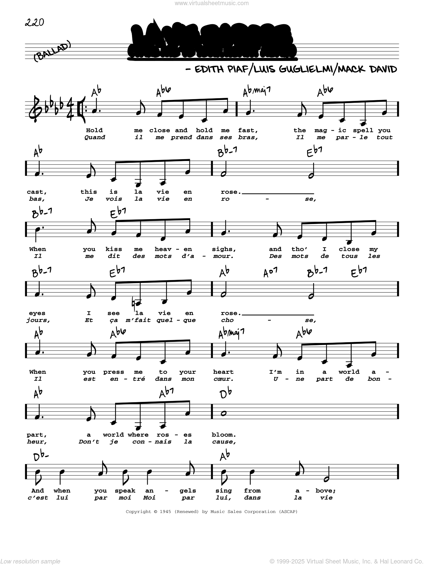 La Vie En Rose (Take Me To Your Heart Again) (Low Voice) sheet