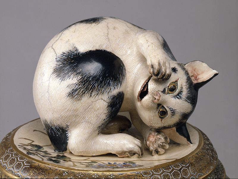 眞葛焼 高浮彫牡丹に眠猫覚醒蓋付水指 | 神奈川県立歴史博物館