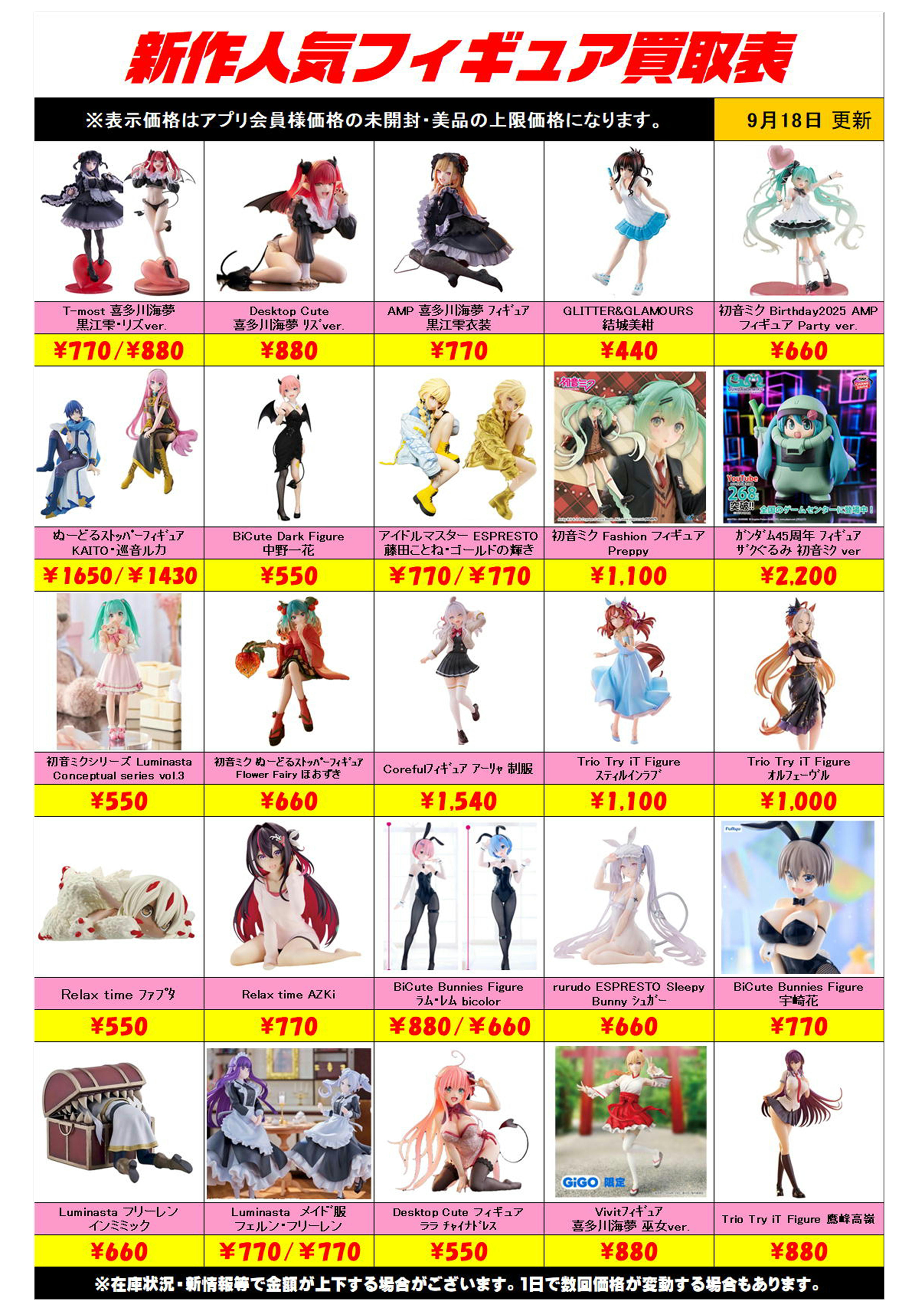 新作プライズフィギュア買取表更新しました！ 9/18～ プラスアップ