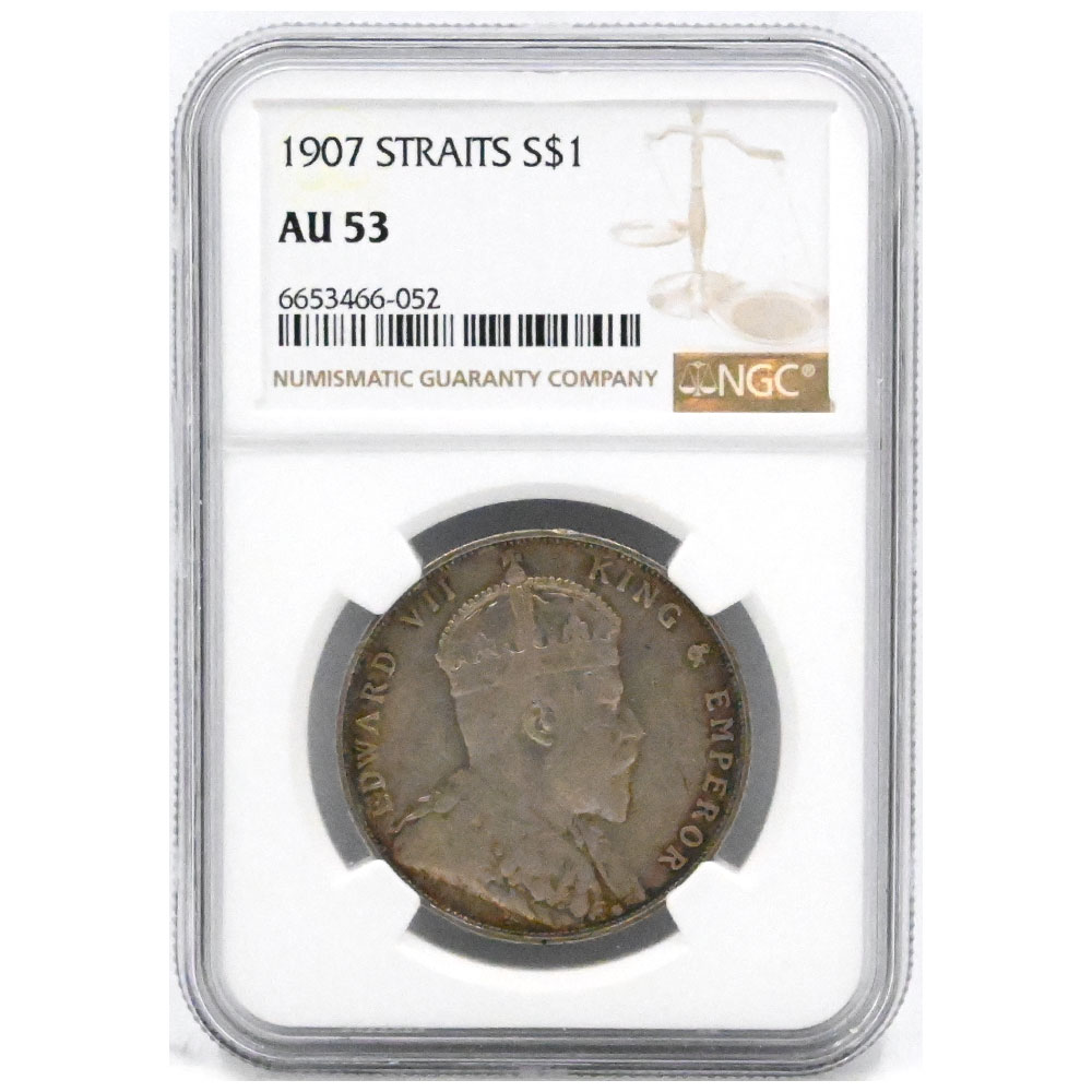 英領マレーシア 1907 エドワード7世 1ドル 銀貨 NGC AU53 6653466052