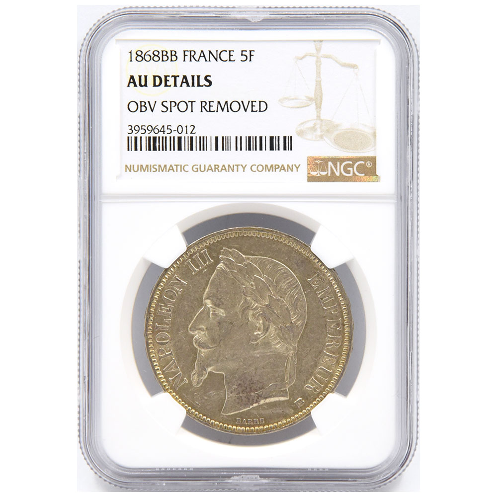 フランス 1868BB ナポレオン3世 5フラン 銀貨 NGC AU DETAILS 3959645012