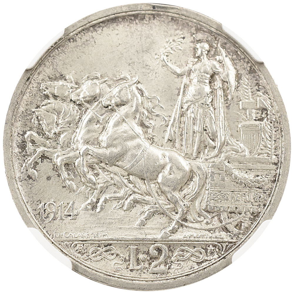 イタリア 1914R エマヌエレ3世 2リラ 銀貨 NGC MS63 クァドリガ 6753146006