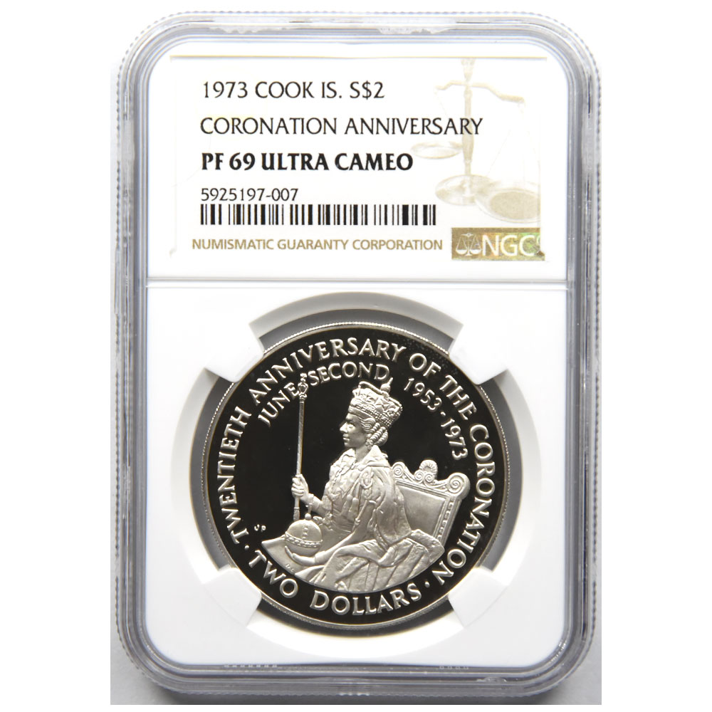 クック諸島 1973 エリザベス2世 S$2 銀貨 NGC PF 69 ULTRA CAMEO コロ