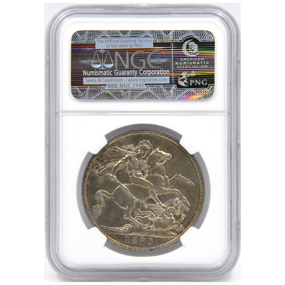 イギリス 1890 ヴィクトリア女王 クラウン 銀貨 NGC AU53 聖ジョージの