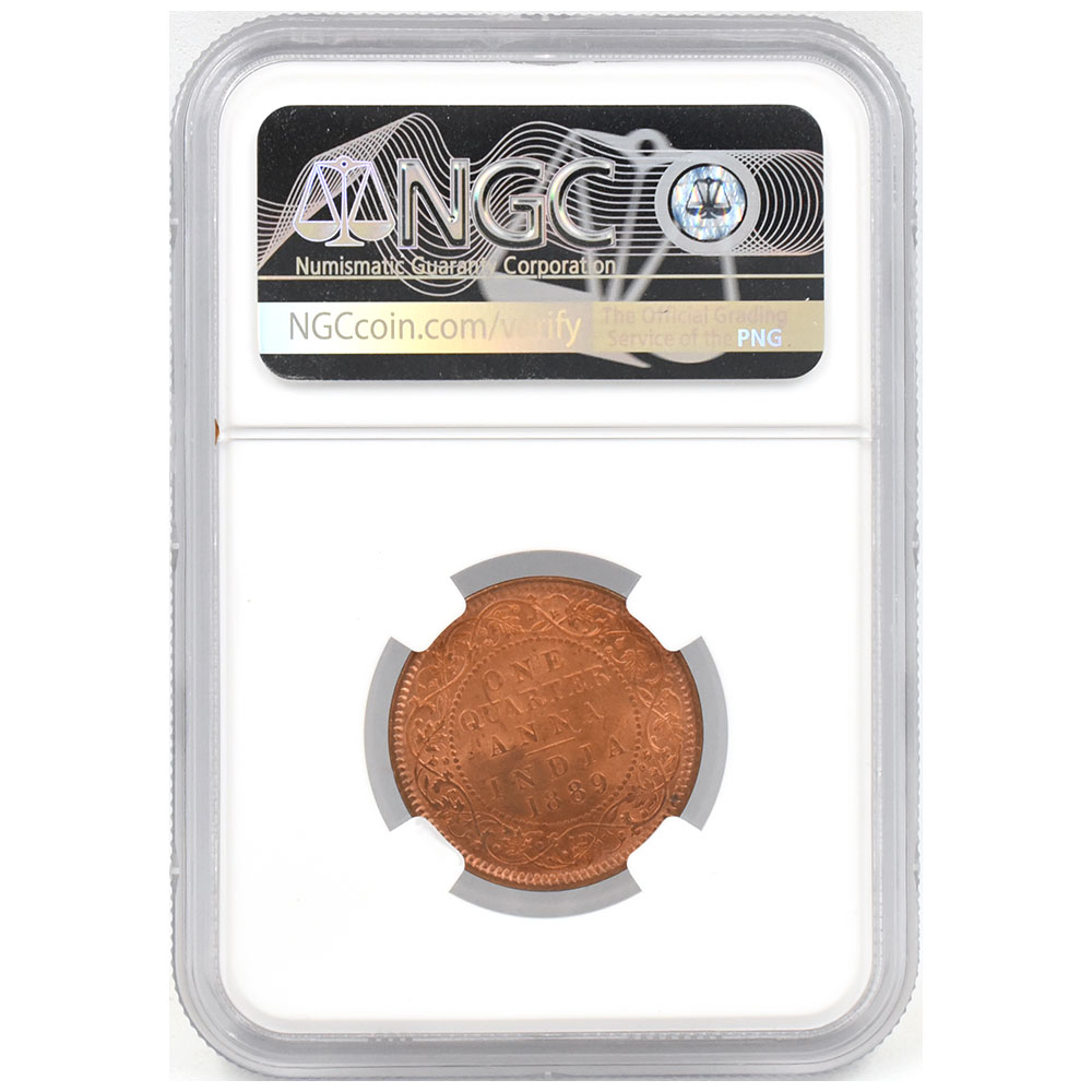 英領インド 1889(C) ヴィクトリア女王 1/4アンナ 銅貨 NGC MS65RB
