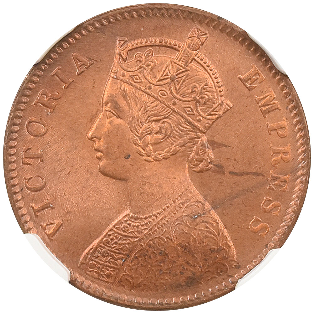 英領インド 1889(C) ヴィクトリア女王 1/4アンナ 銅貨 NGC MS65RB