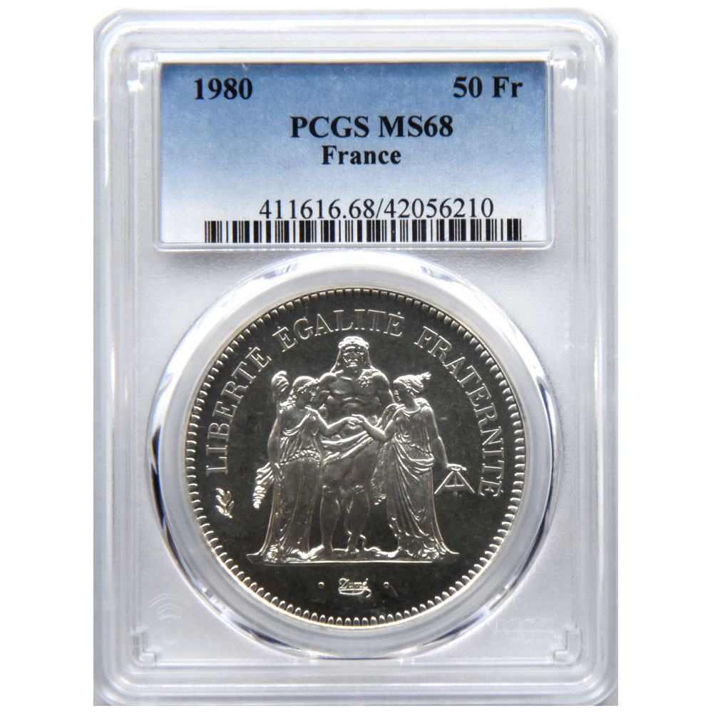 フランス 1980 ヘラクレス 50フラン 銀貨 PCGS MS 68 42056210