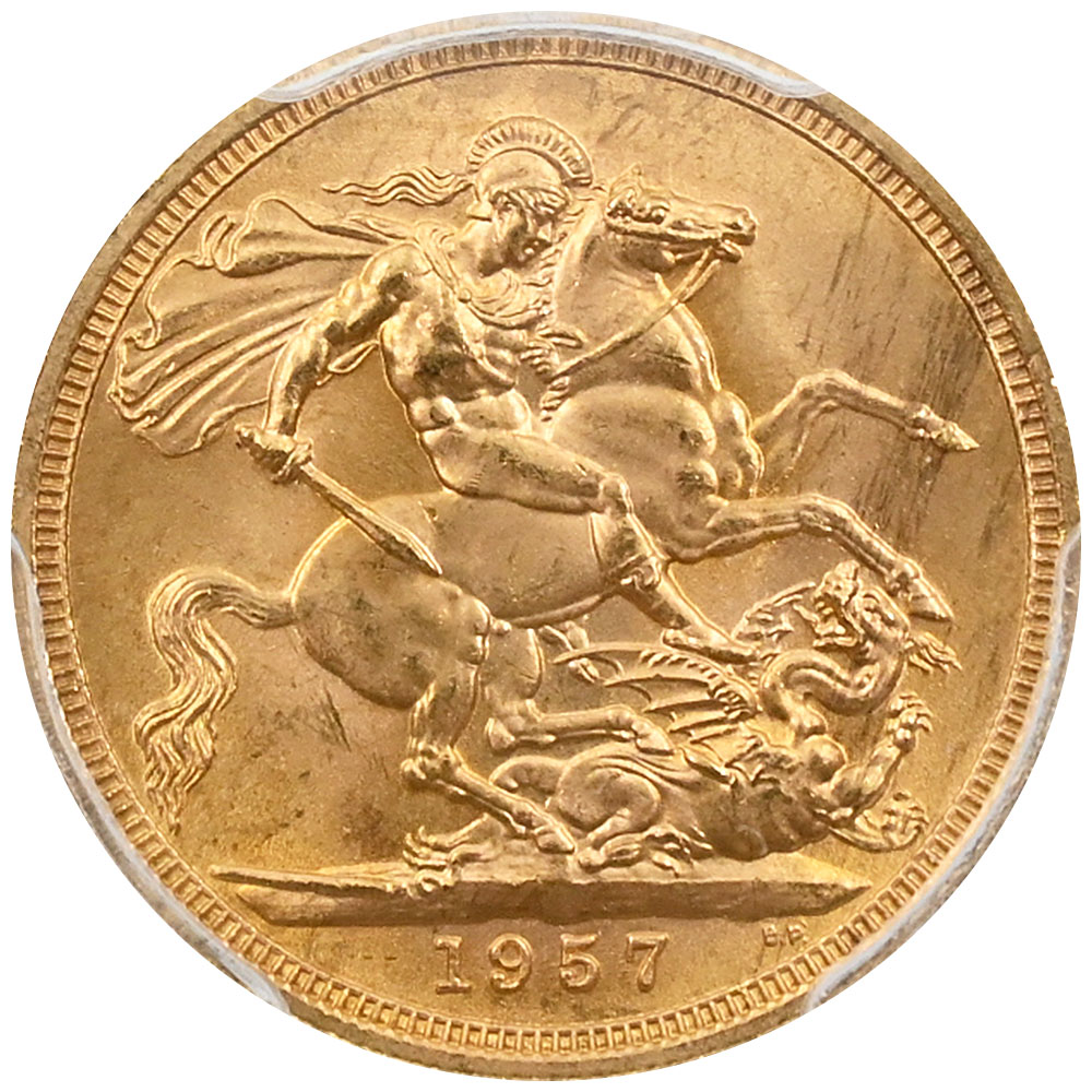 イギリス 1957 エリザベス2世 1ソブリン 金貨 PCGS MS65 聖ジョージの