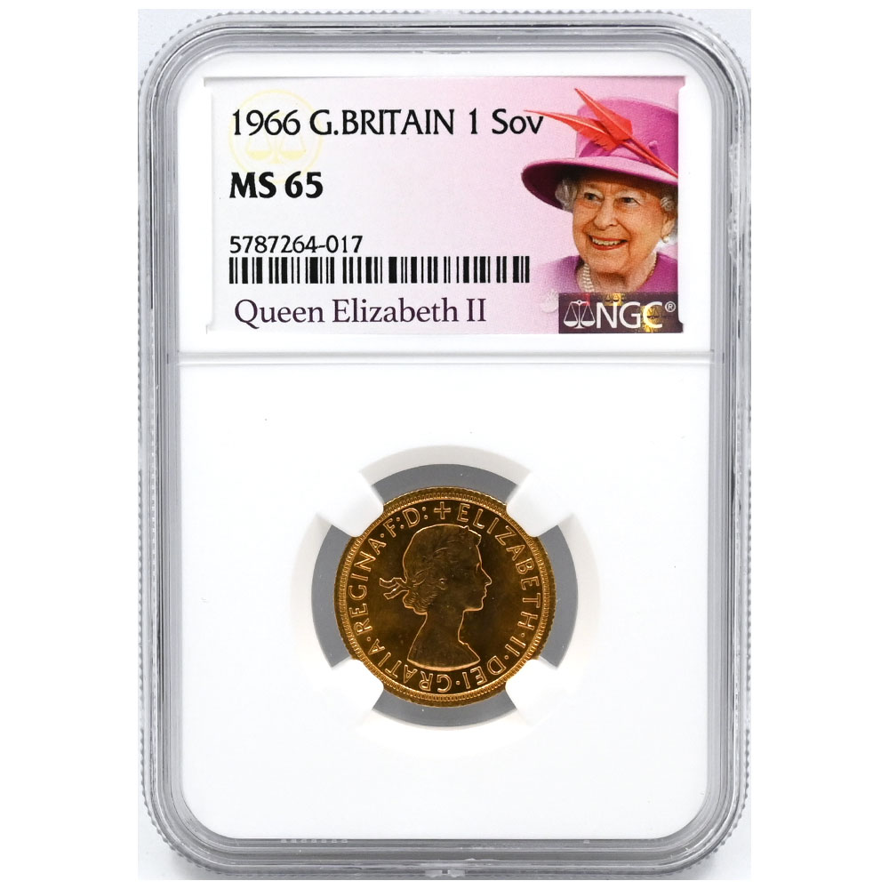 イギリス 1966 エリザベス2世 1ソブリン 金貨 NGC MS65 聖ジョージの龍