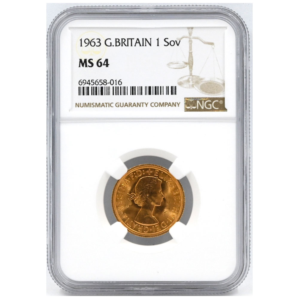イギリス 1963 エリザベス2世 1ソブリン 金貨 NGC MS64 聖ジョージの竜