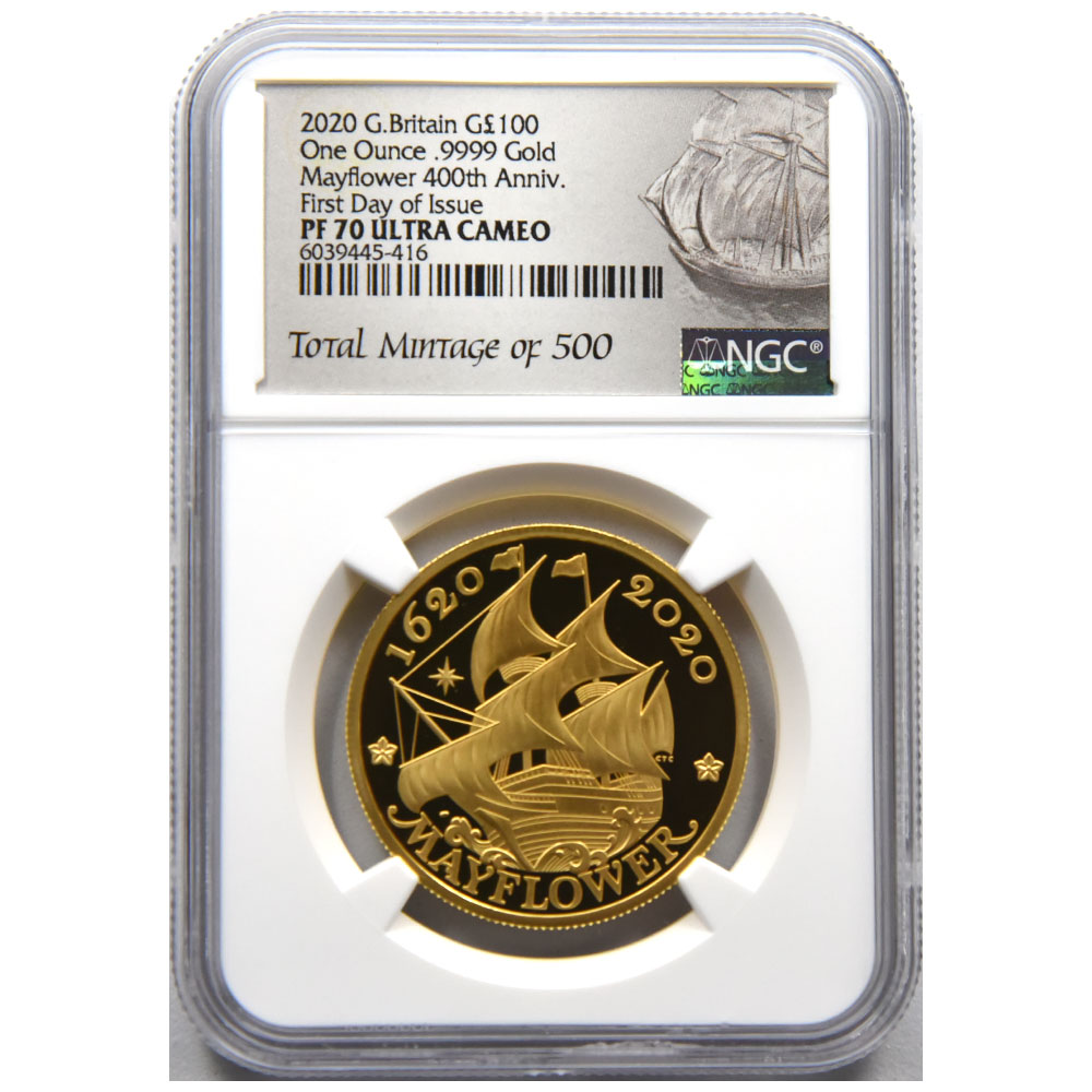 イギリス 2020 エリザベス2世 ￡100 金貨 NGC PF70UC メイフラワー号