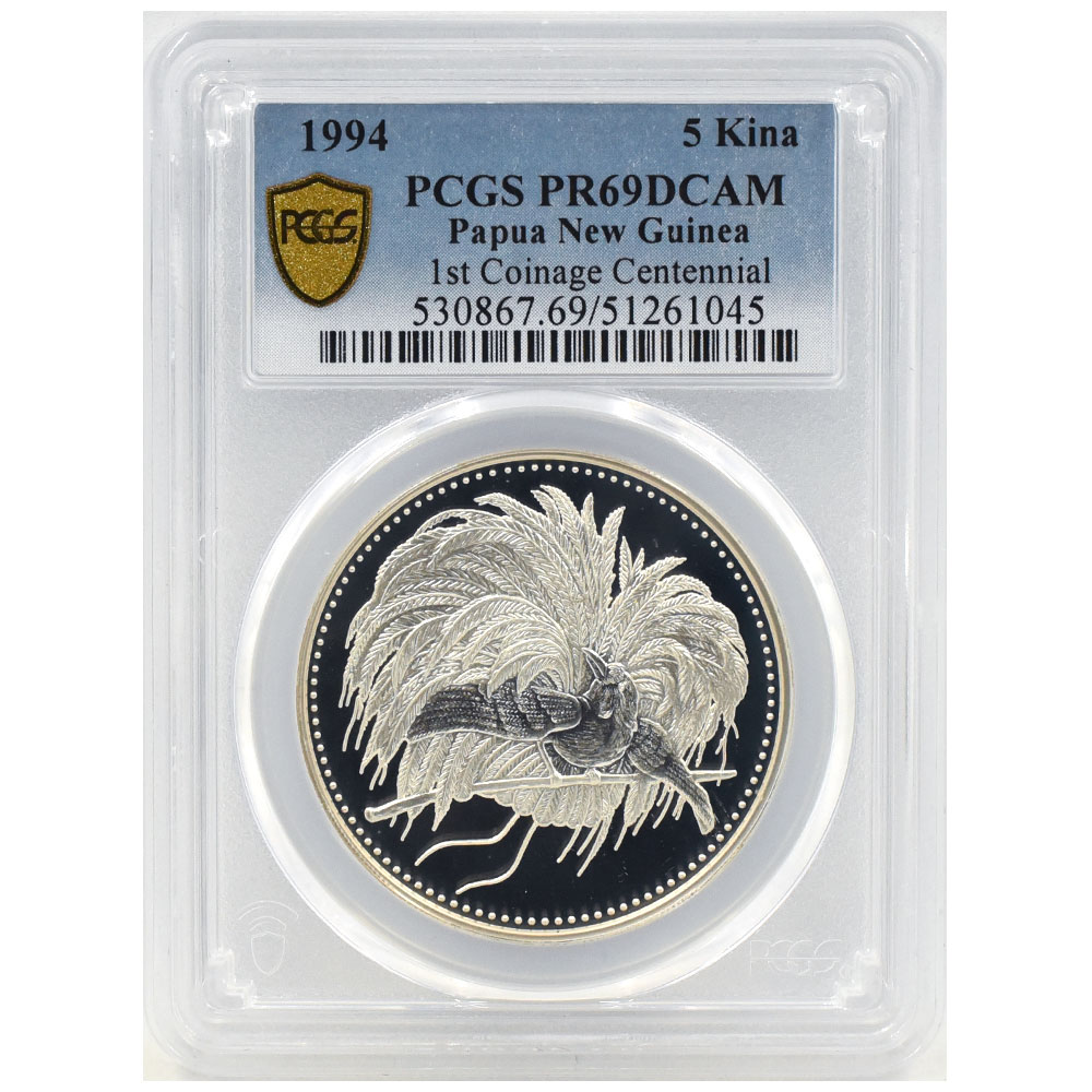 パプアニューギニア 1994 5キナ 銀貨 PCGS PR69DCAM 極楽鳥 100周年
