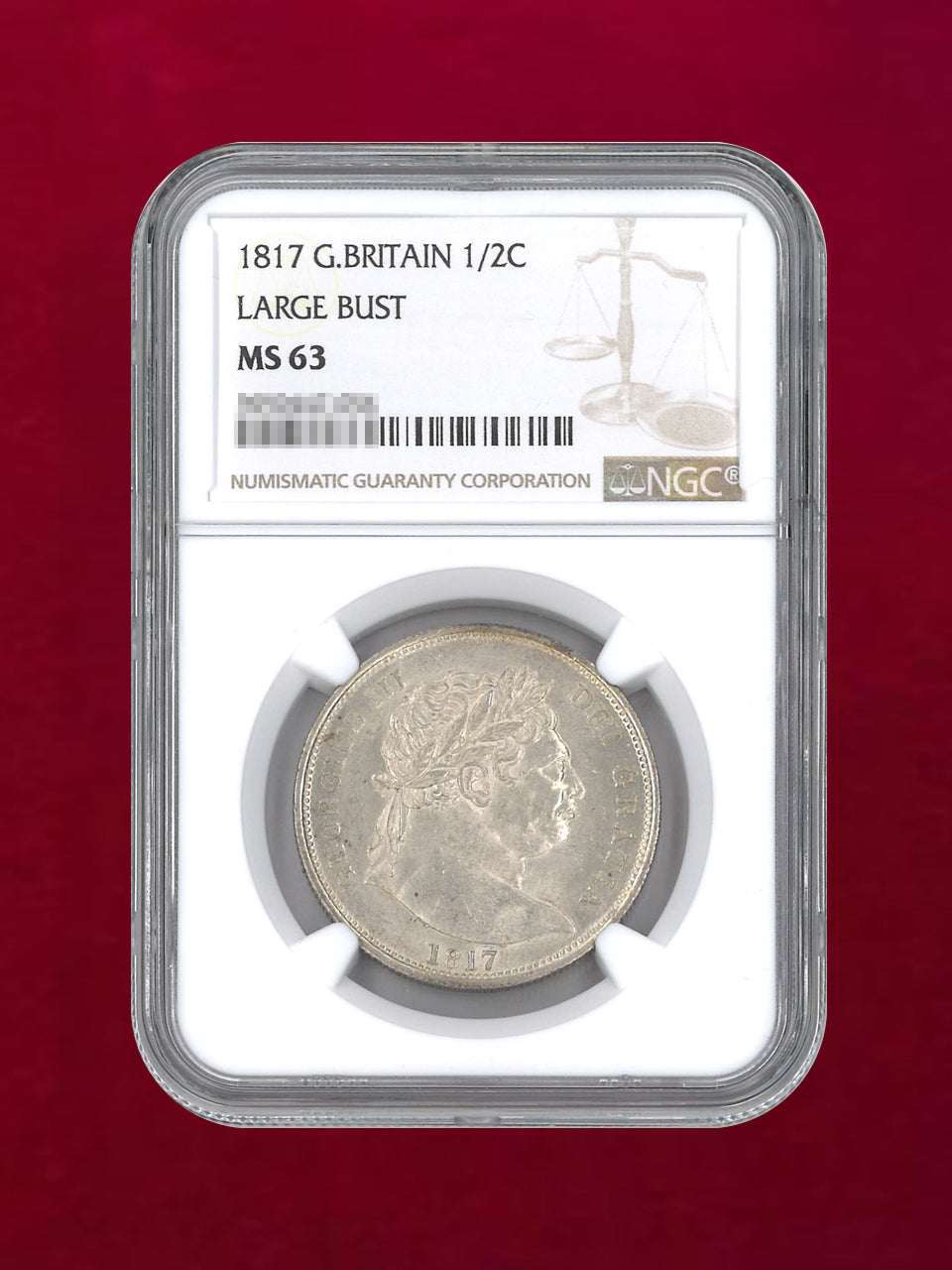 イギリス】1/2クラウン 銀貨 1817 LARGE BUST NGC MS63［B-0000087