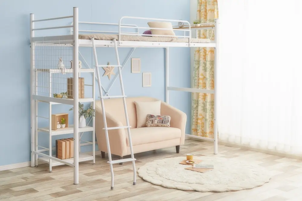 シングル ロフトパイプベッド 宮棚付 ブラック ホワイト [幅100/長さ