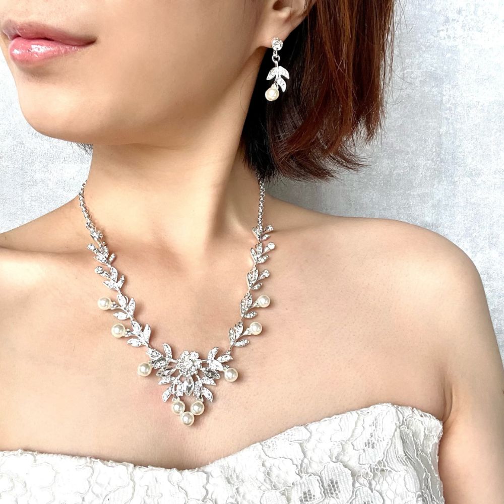 perle silverパールブライダルネックレス&ピアスセット /金属