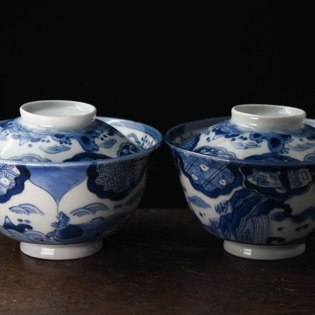 陶磁器 :: 蜃気楼文 伊万里染付 蓋茶碗 2客 | COTTOU.JP 骨董の通販