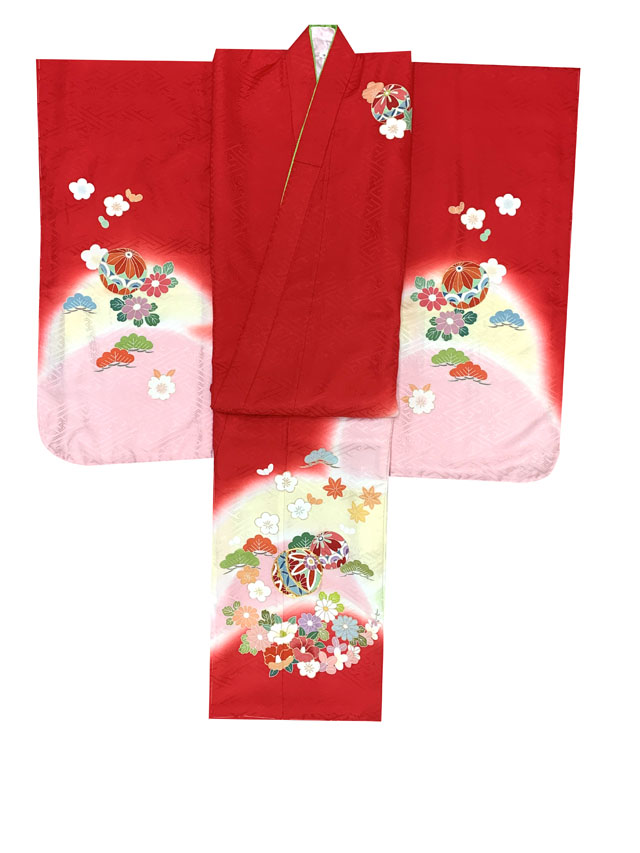 七五三 7歳 女の子用 正絹 絵羽付け 手描 金駒刺繍 四つ身の着物【赤