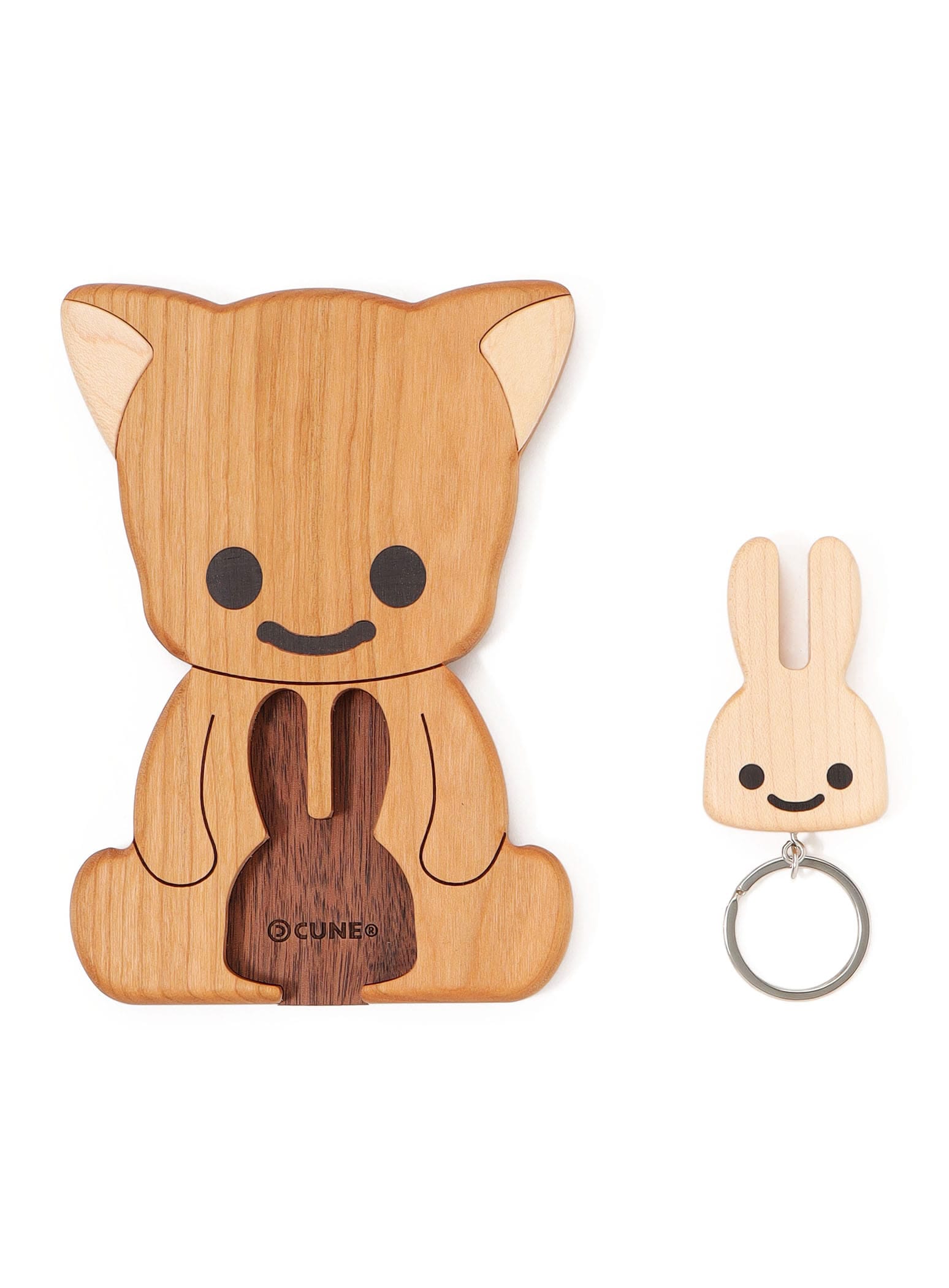 木のフックとキーリング ねこちゃんとうさぎ｜ウサギがいる｜CUNE