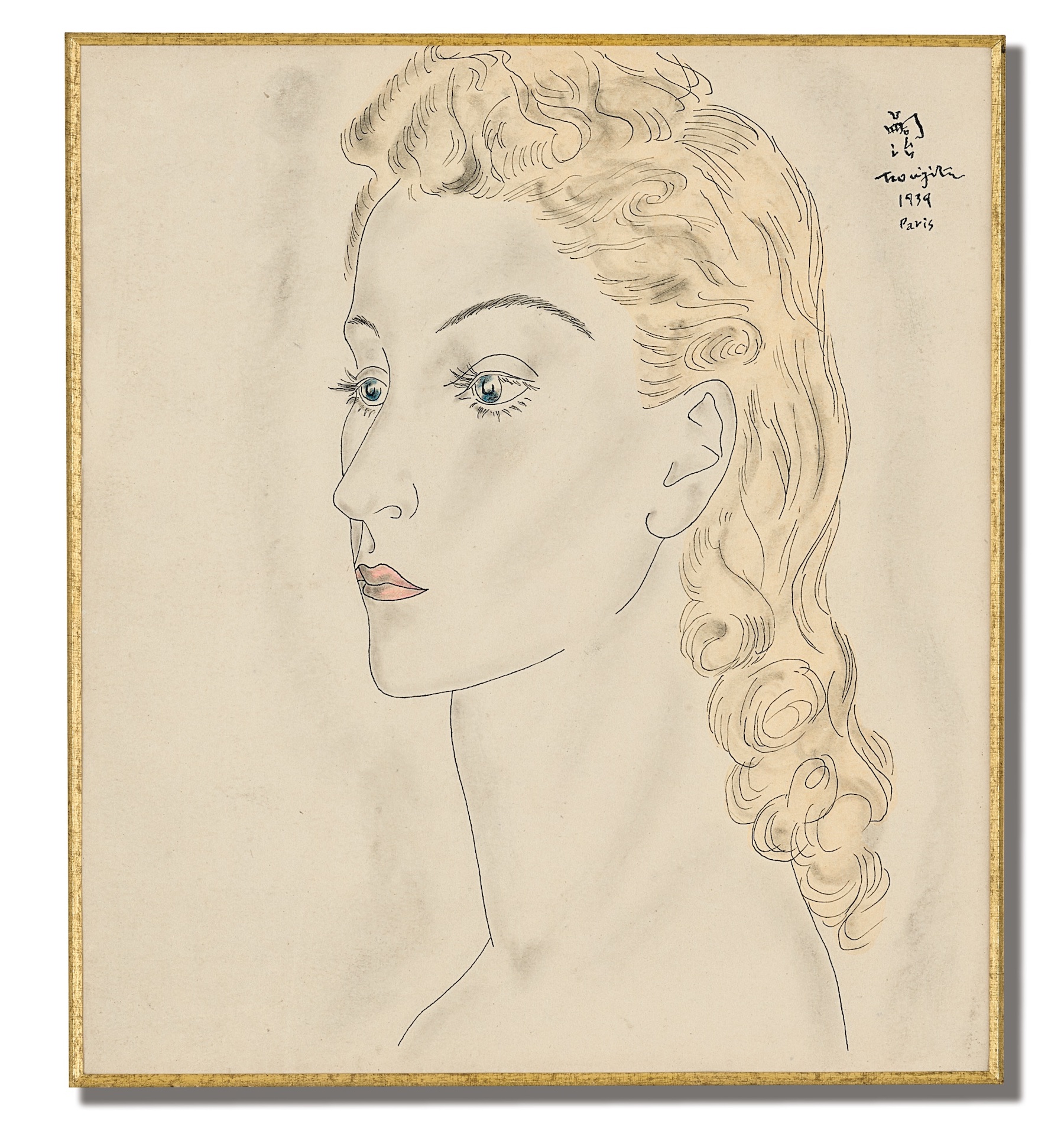 藤田嗣治（レオナール・フジタ） 紙に水彩, インク サイン 《若い女の