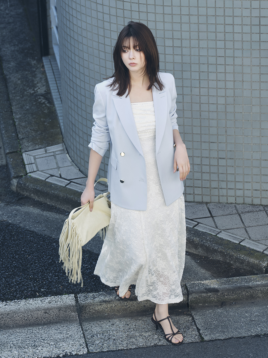 スクエアネックストレッチレースワンピース(マキシ・ロングワンピース