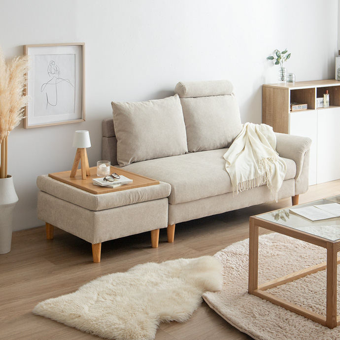 g118092]【2点セット】オットマン付き2人掛け収納カウチソファ 2人掛け