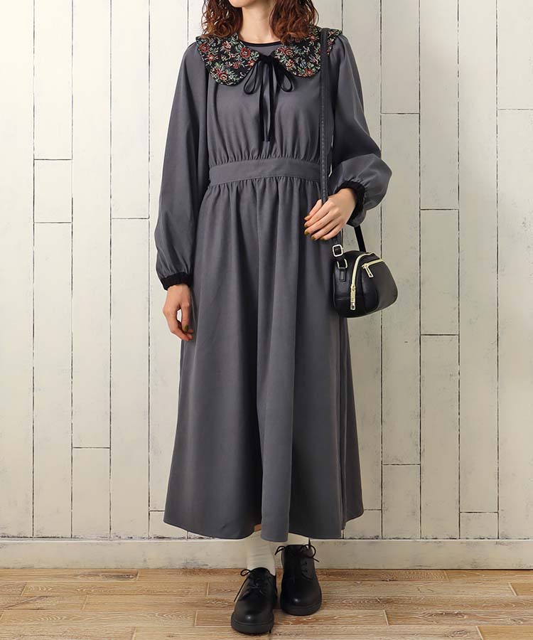 ジャガード付け襟ワンピース ワンピース 長袖 長袖ワンピース グレイ