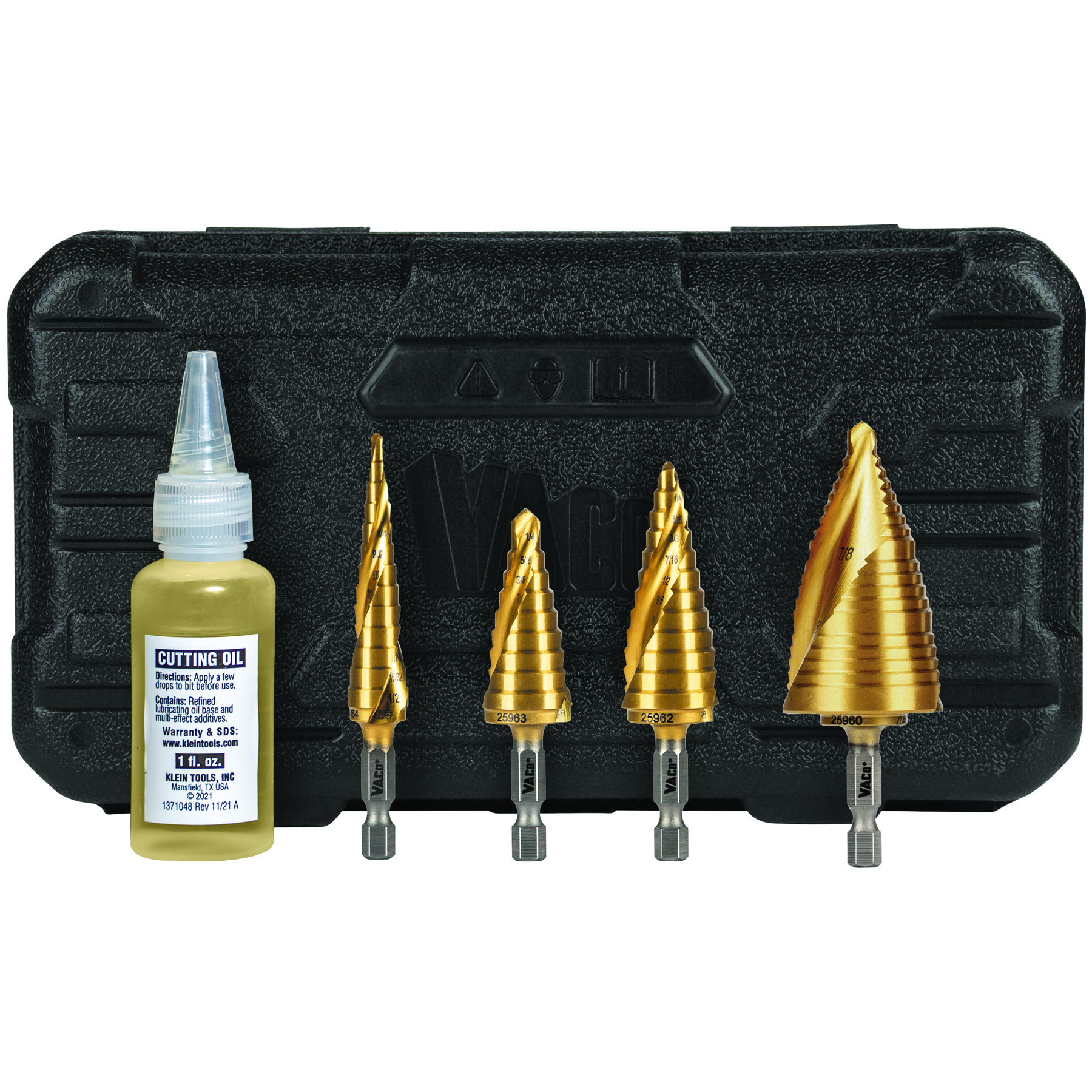 Step Bit Kit, Spiral Double-Fluted, VACO, 4-Piece - 25950 | Klein