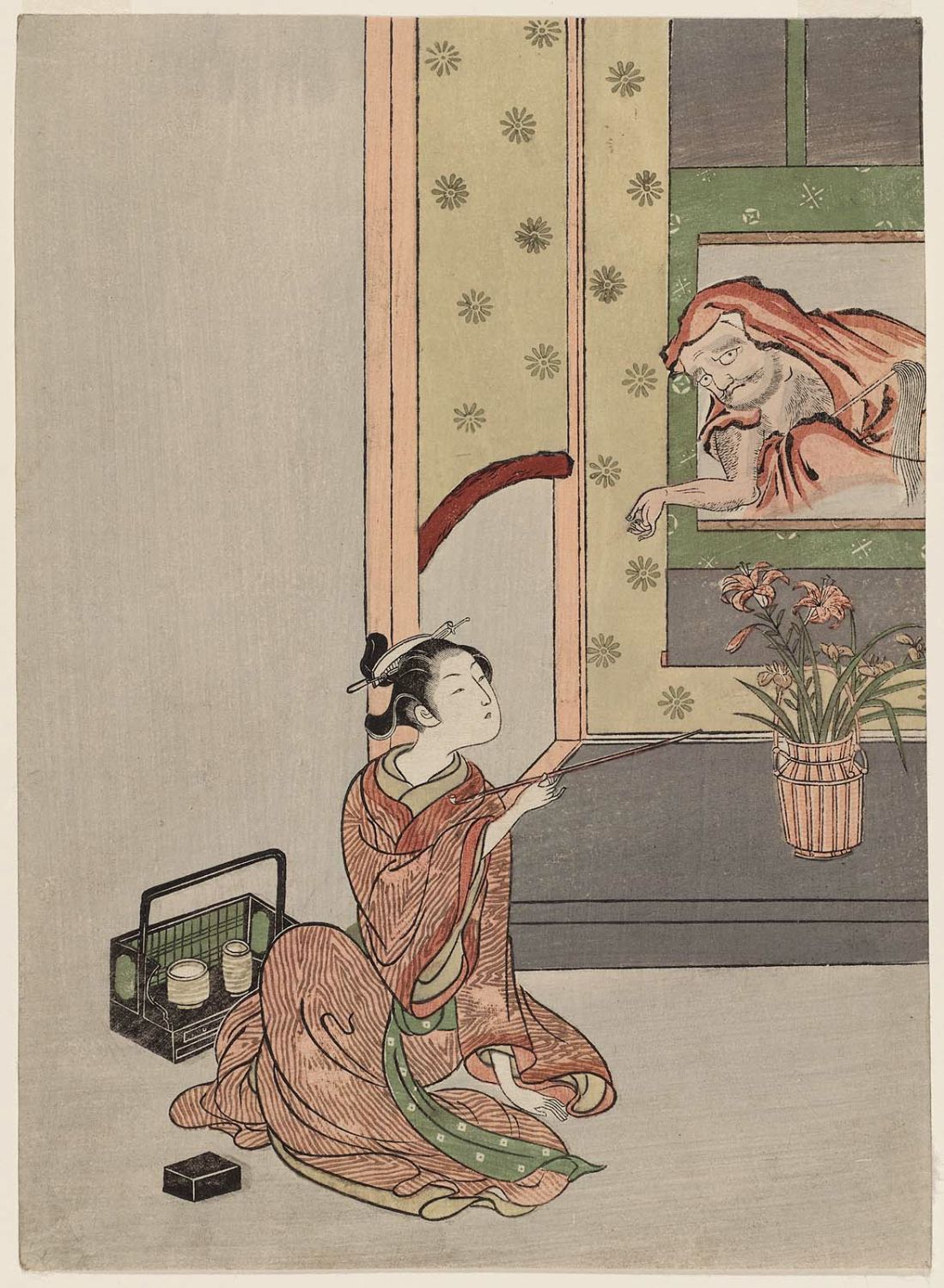 鈴木春信による浮世絵「A Young Woman Smoking and Daruma Emerging