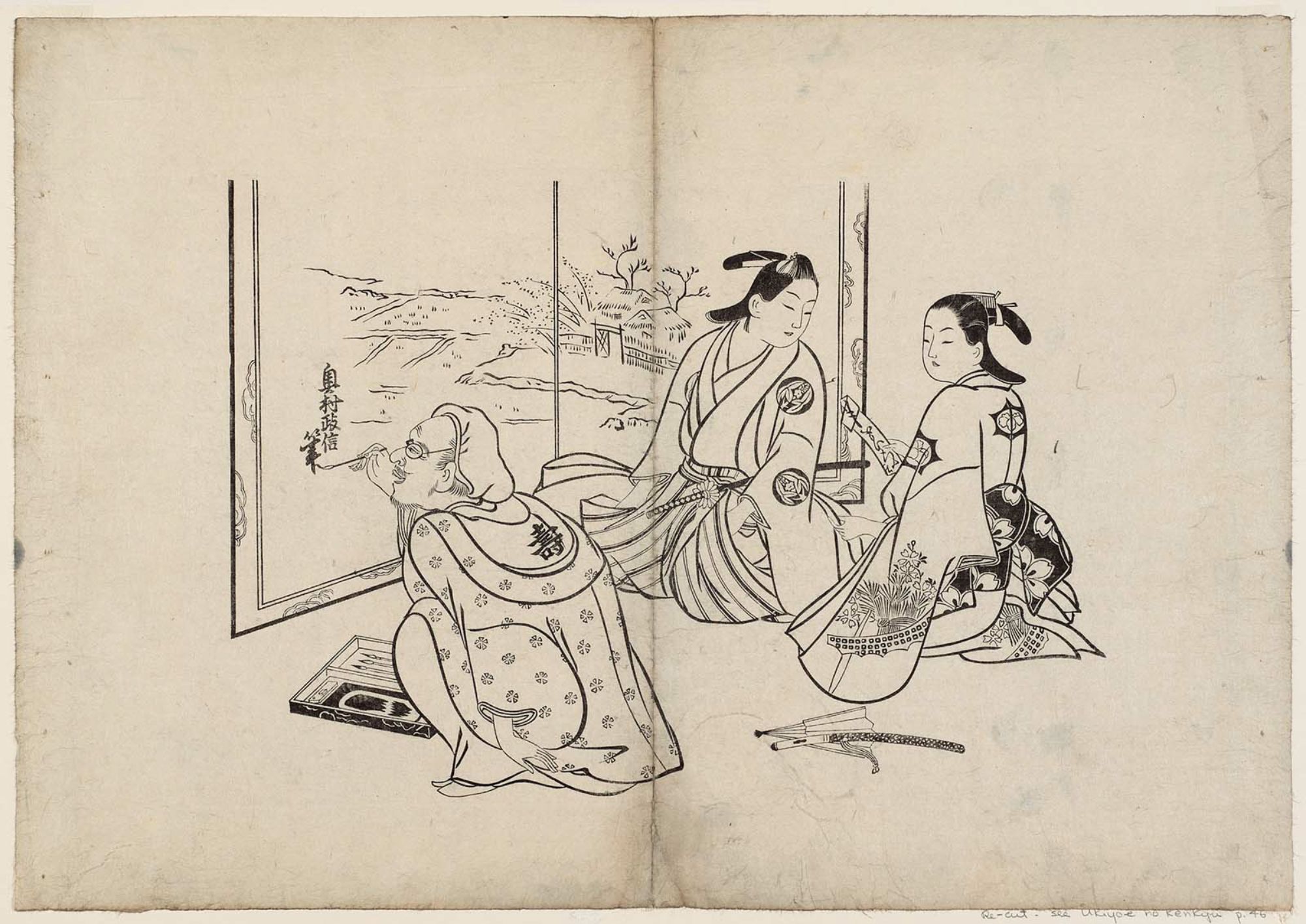 奥村政信による浮世絵「Artist Signing His Name To a Painting On a