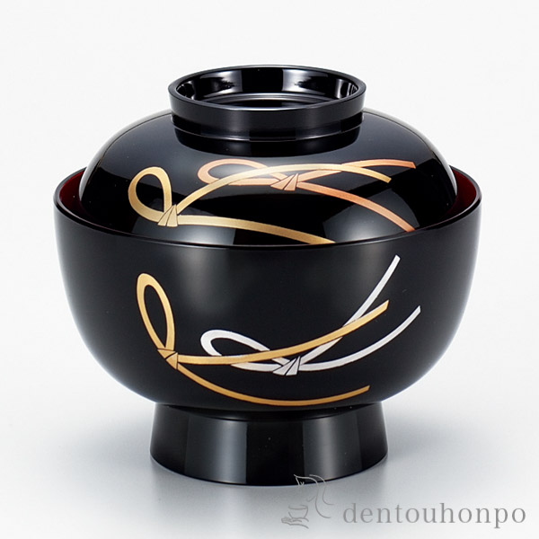 雑煮椀 結び 黒内赤 4.5号 蓋付き / お正月 新年 雑煮椀 お椀 お吸い物