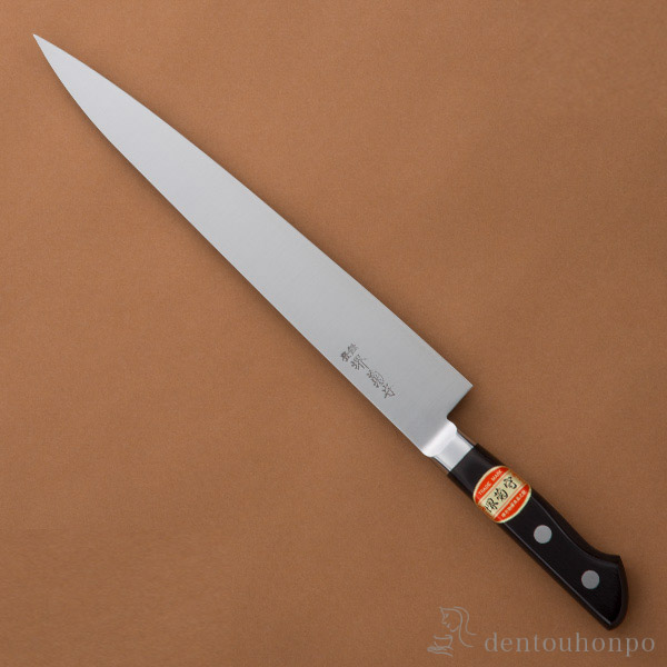 送料無料】 洋包丁 堺菊守 日本鋼（口金付） 筋引 240mm 1本 名入れ