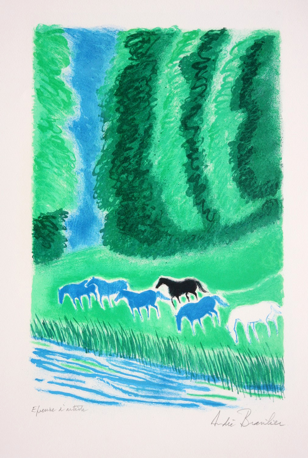 Andre Brasilier - Chevaux au bord de l'eau 1993 - Denis Bloch Fine Art