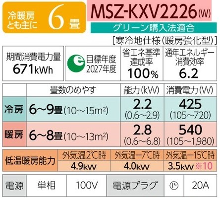 MSZ-KXV2226 三菱電機 ルームエアコン (おもに6畳用) ズバ暖霧ヶ峰 KXV