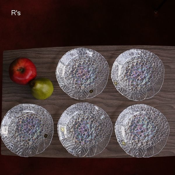 HOYA CRYSTAL 保谷クリスタル ガラス銘々皿 5客セット あじさい模様 未