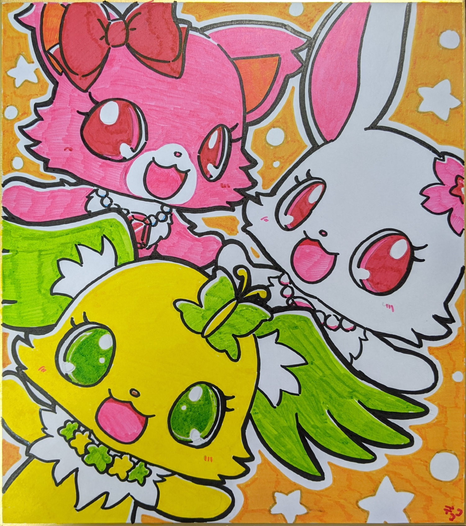 ペリドットちゃんの後ろで仲良く手を繋ぐガーネットちゃんとルビー