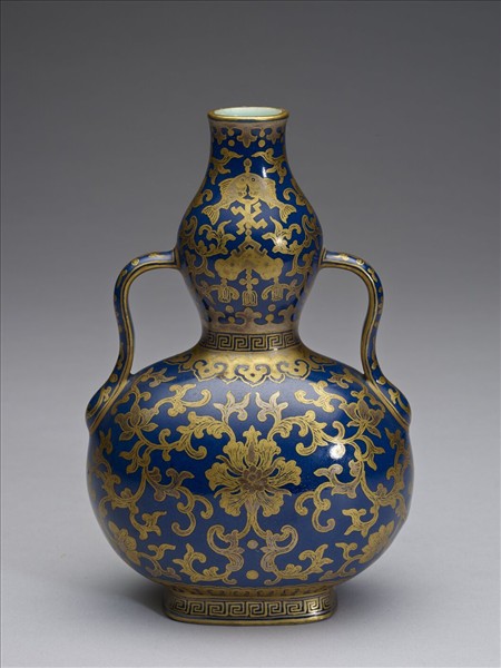 霽青釉描金番蓮紋雙耳葫蘆瓶- 故宮